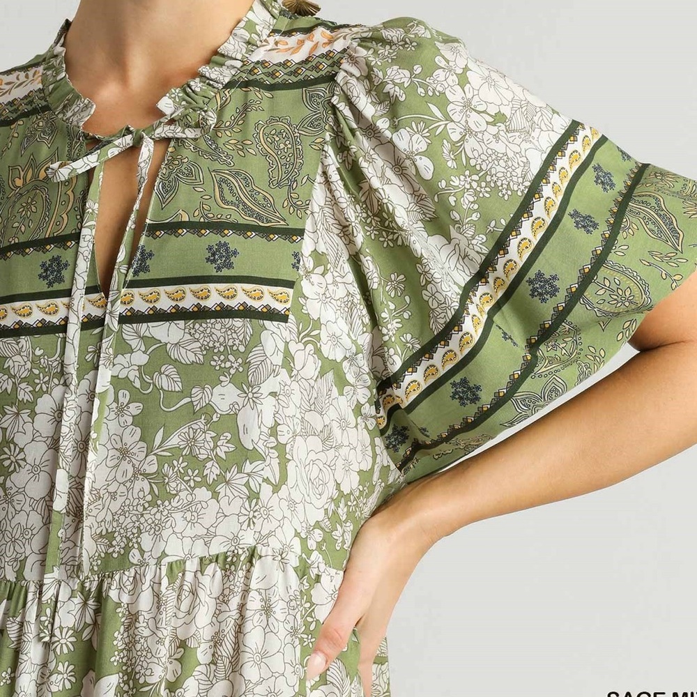 Umgee NWT Boutique Boho Hippy Floral Print Dress S - L SAGE greenBohemian Gypsy - Picture 9 of 10